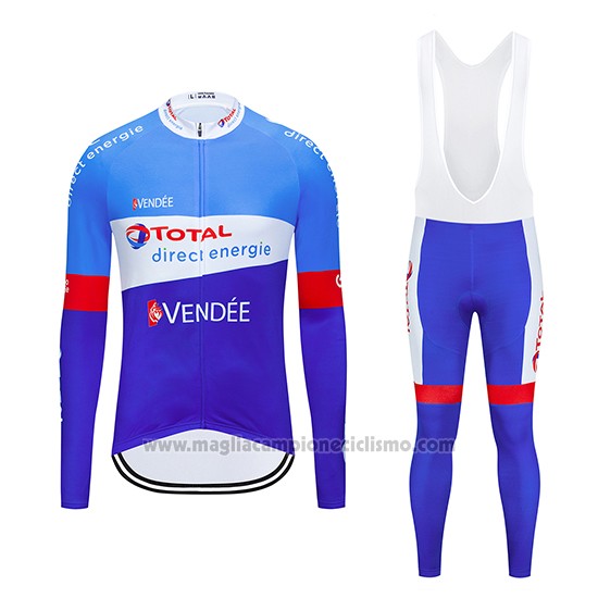 2019 Abbigliamento Ciclismo Direct Energie Blu Bianco Manica Lunga e Salopette